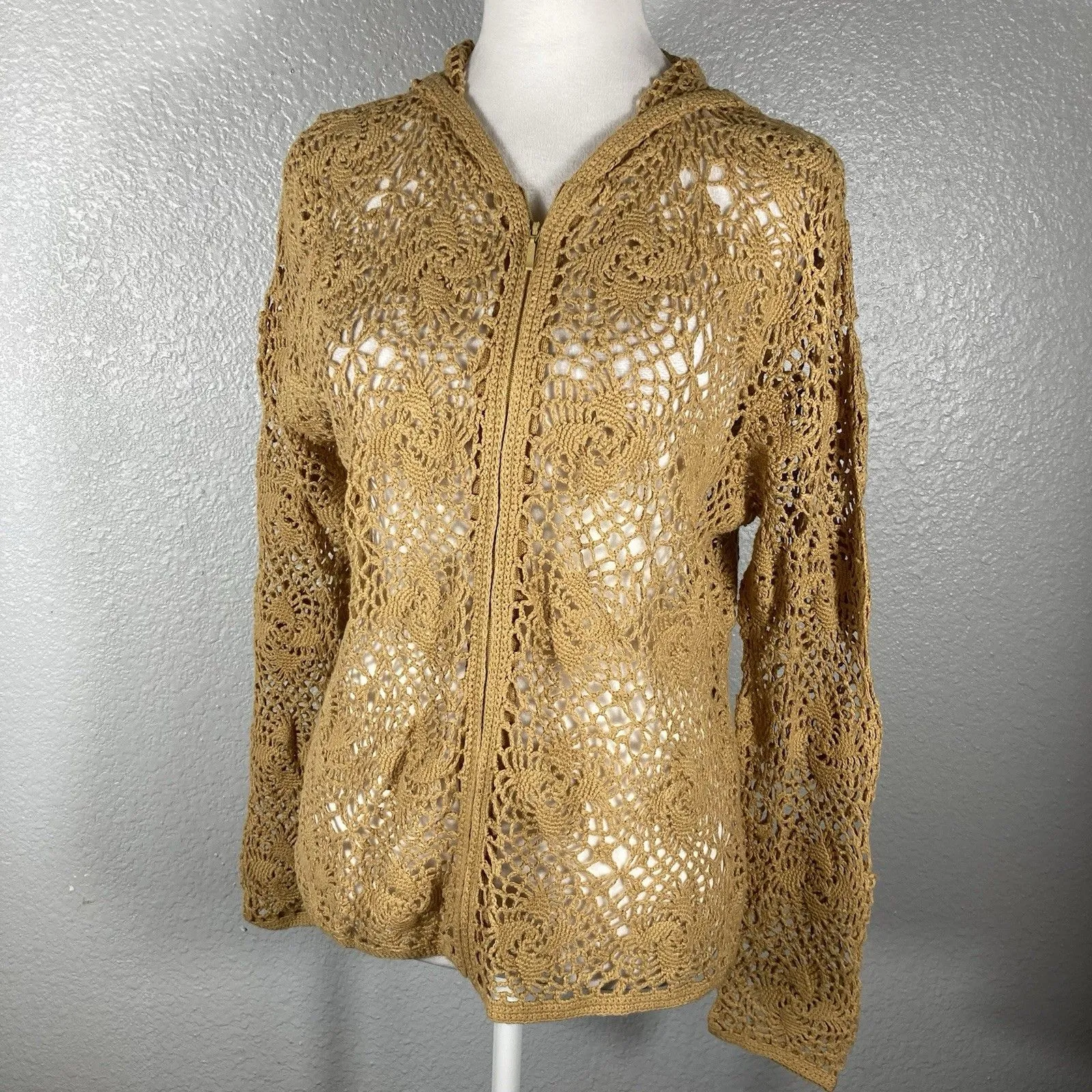 Crochet Open Knit Cardigan M Linen Hooded Zip Front Gold Tan Cottagecore Boho Size M - Image 3