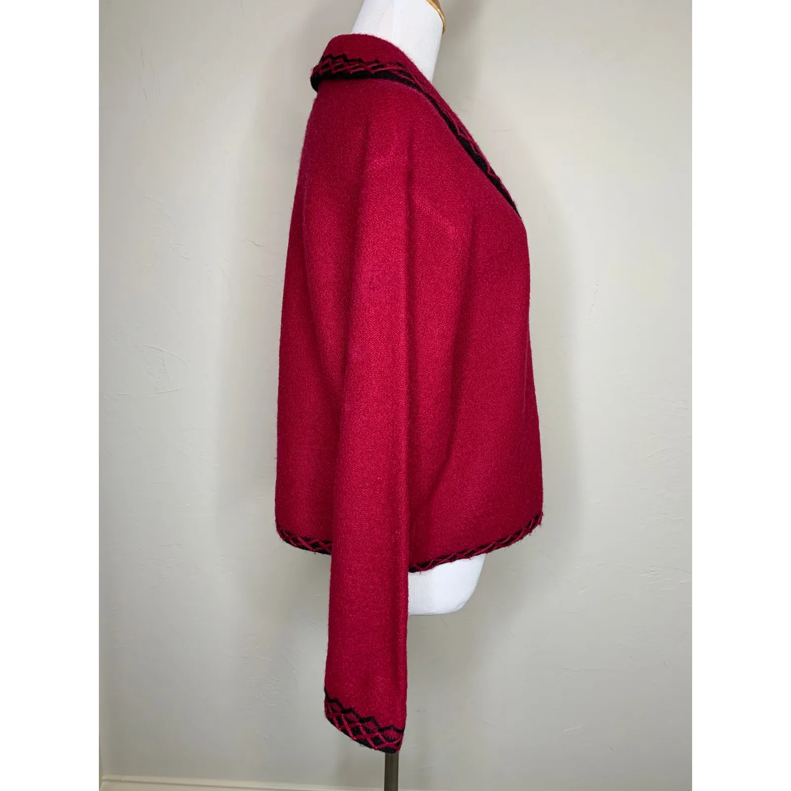 Red Wool Sweater Jacket Black Trim Vintage Christopher & Banks Sz Large - Image 4