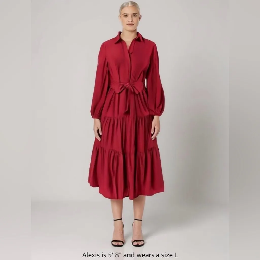 NEW Red Long Sleeve V Neck Button Down Tiered Flowy Aline Midi Dress L NO BELT Size L - Image 8