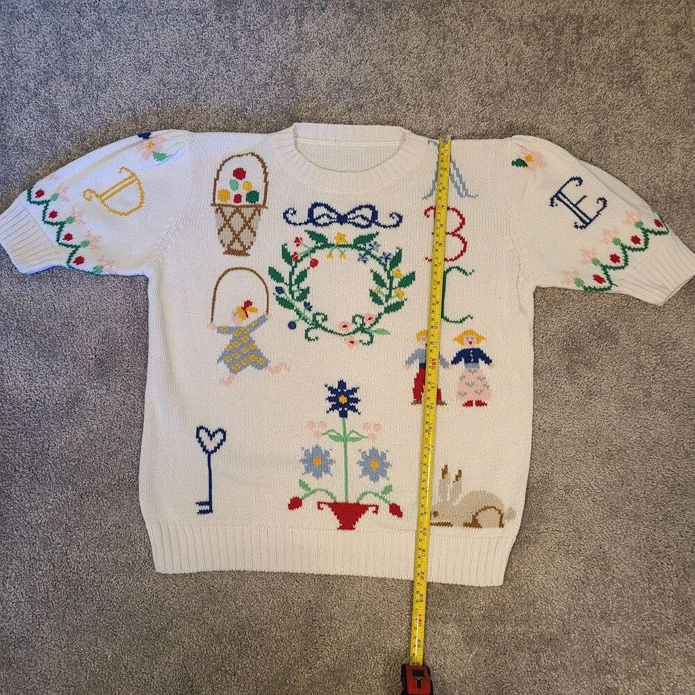 Vintage Hand Knit Sweater Grandma Cottage Core Size Small Easter ABCs Teacher - Image 6