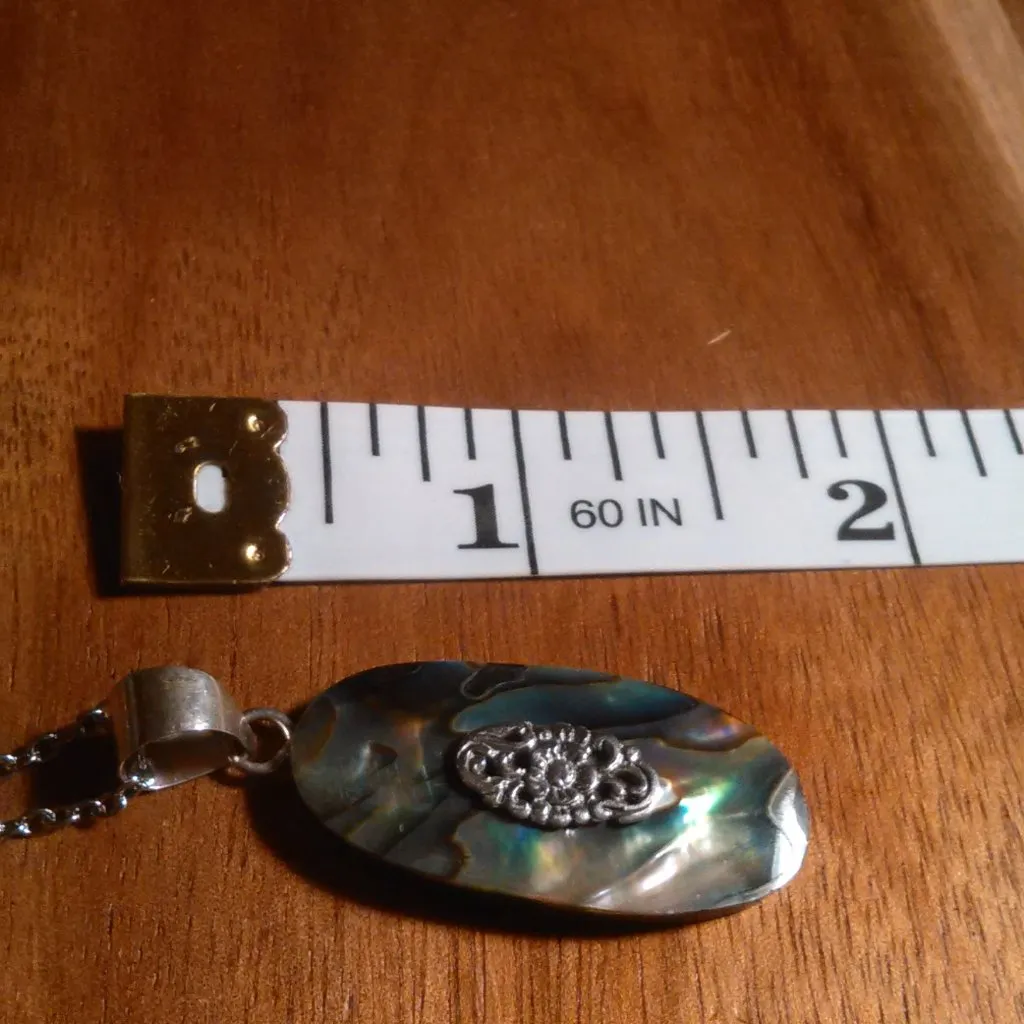 Floral Design Abalone Sterling Silver Pendant Stainless Steel Necklace - Image 8