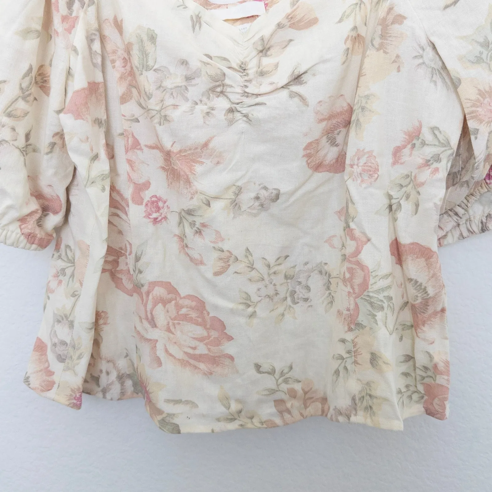 Womens Top Size M Beige Pink Linen‎ Floral Puff Sleeve Cottage Milkmaid Coquette - Image 4