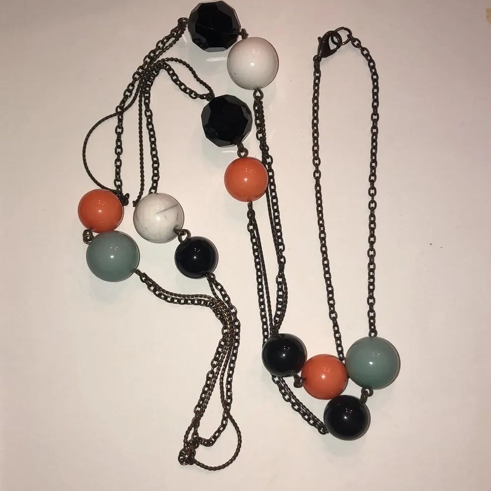 Gunmetal Gray Dark Metal Orange White Blue Beaded Ball Chain Boho Necklace - Image 6