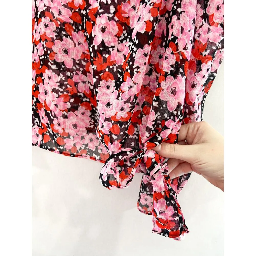 NEW Bar III Women's Sheer Floral V Neck Top XXL Puff Sleeve Tie Valentines - Image 7