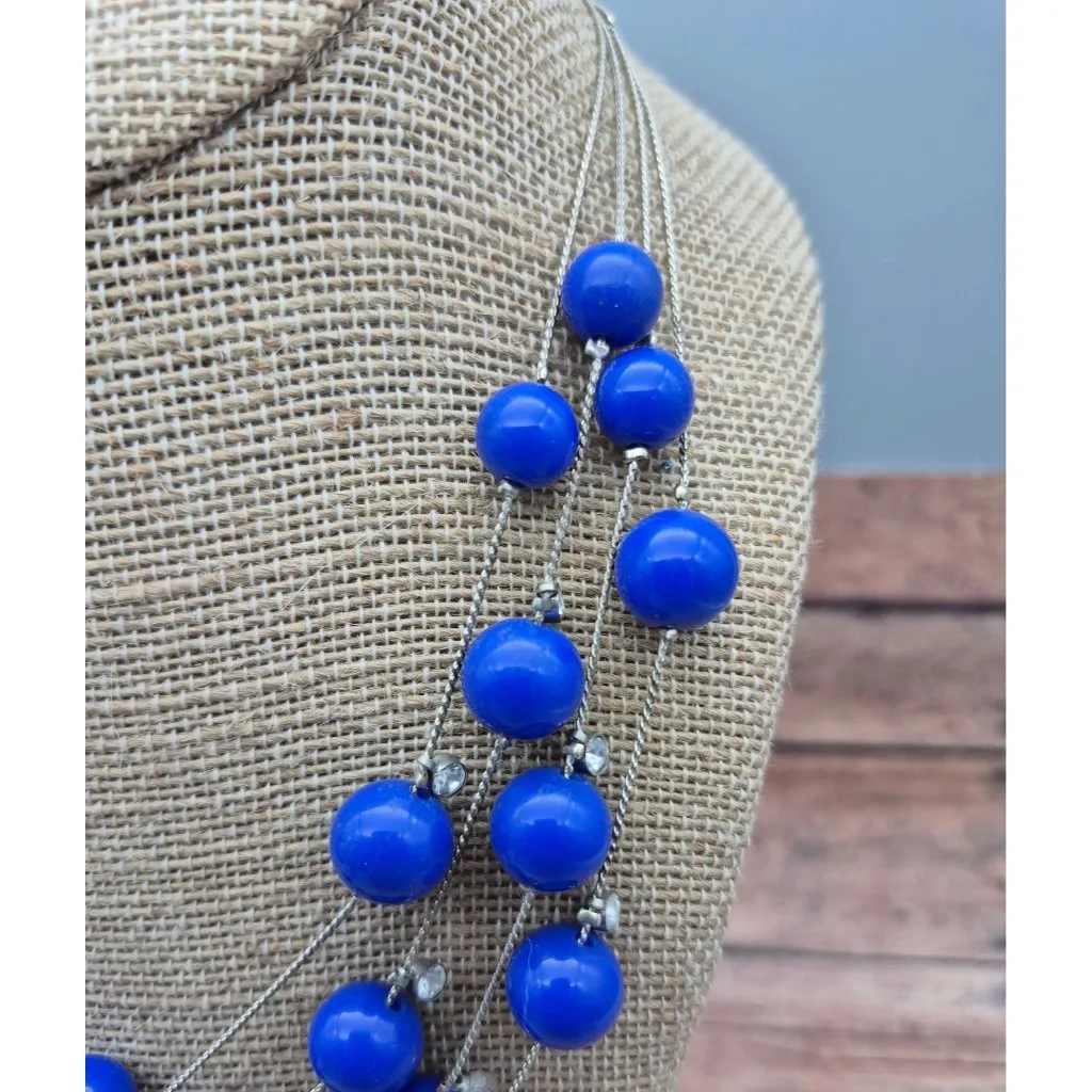Silver Tone Multi Strand Cobalt Blue Bead Crystal Statement Collar Necklace 16" - Image 6