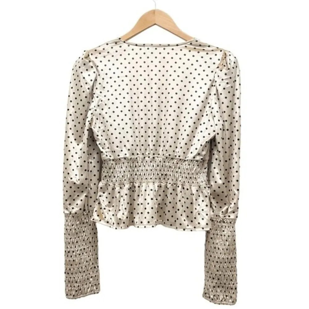 Lulus Top Chic Upgrade Champagne Polka Dot Velvet Smocked Blouse Size Small - Image 5