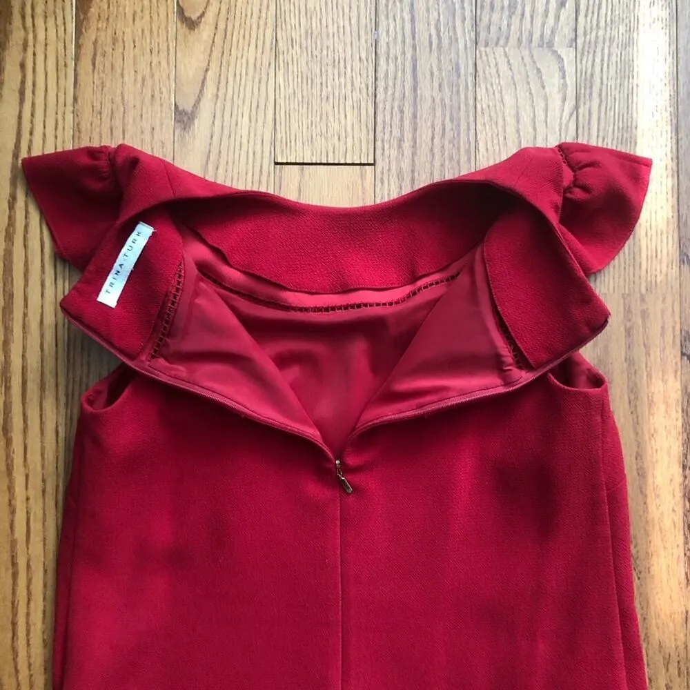 Trina Turk Cherry Red Rose Shift Ruffles Neckline Sleeveless Women’s Size 8 - Image 10