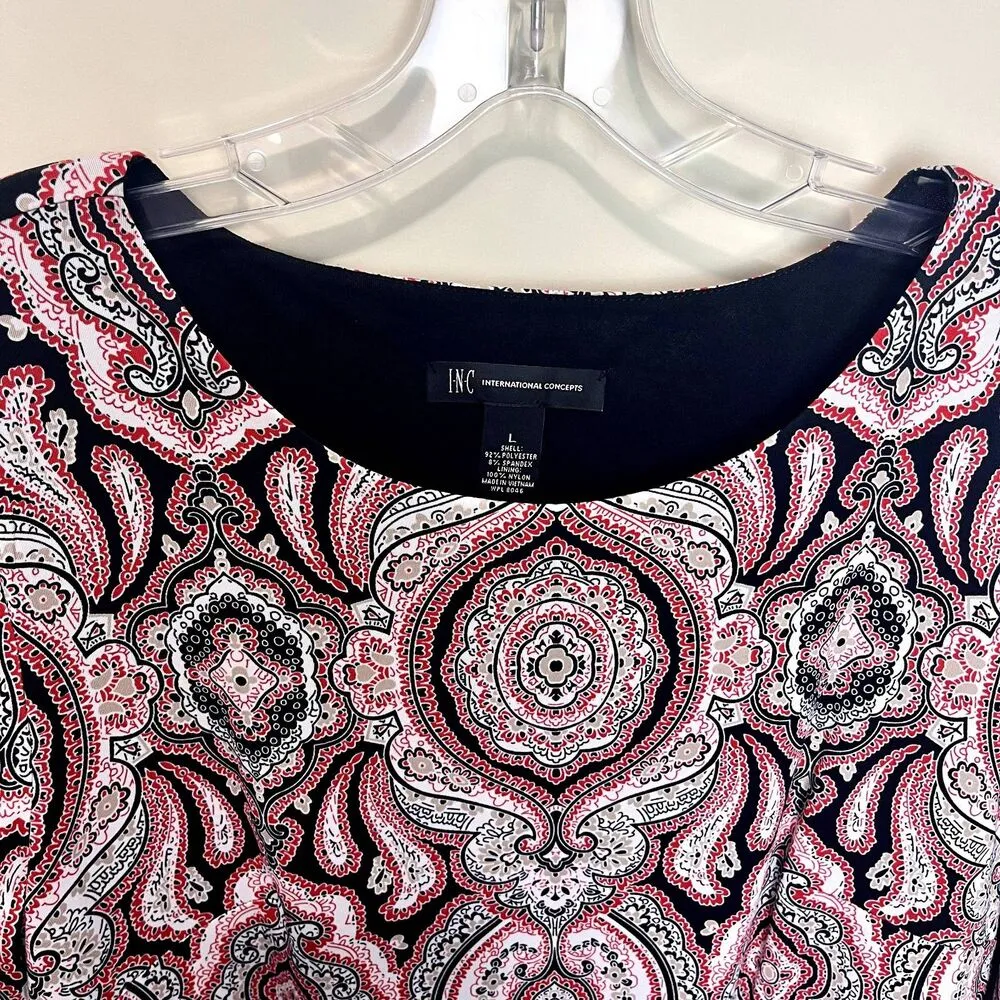 INC Women's Long Sleeve Sheath Dress Size Large Red Black Paisley Modest 60's - Image 3