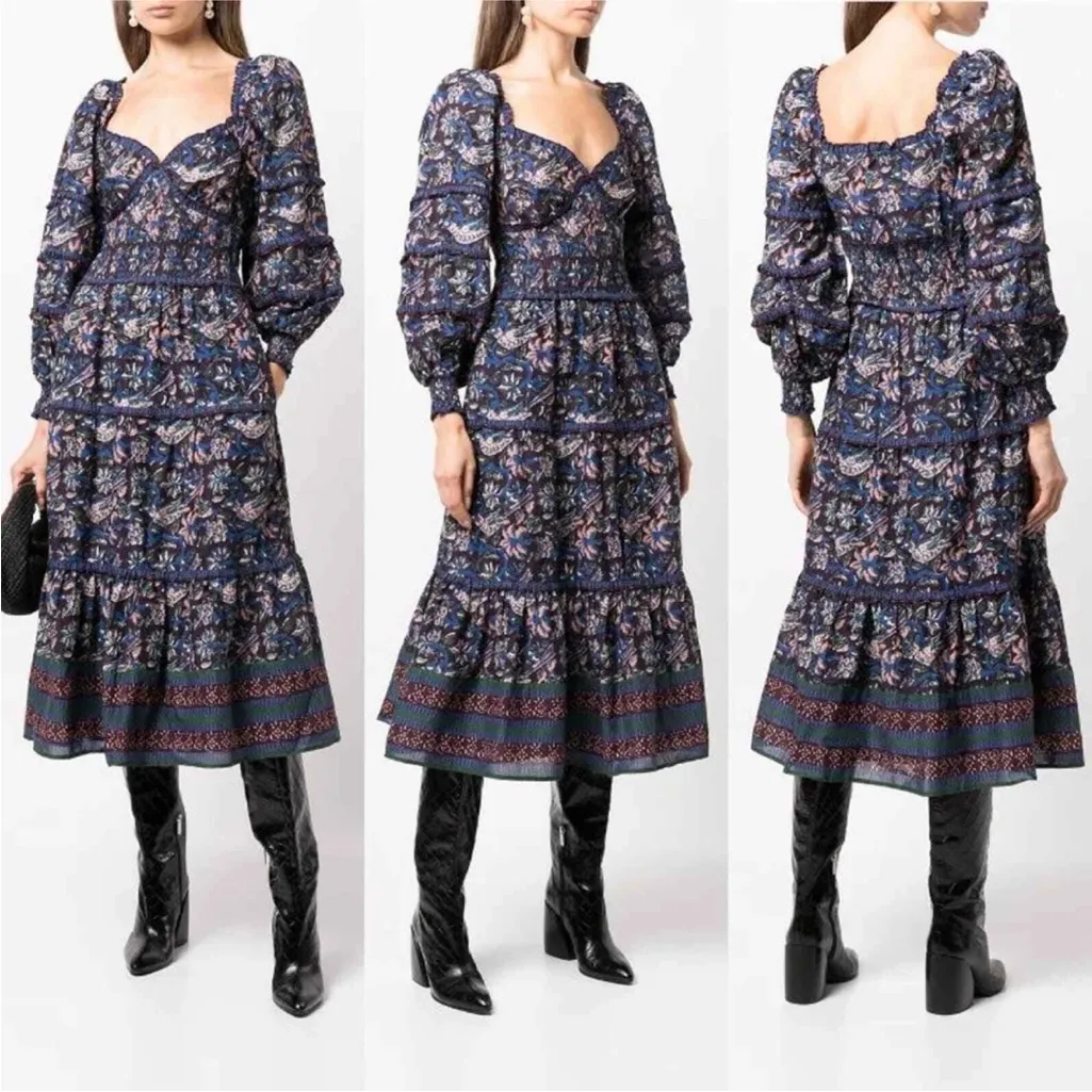 NWT Sea Noah Tiered Shirred Mixed Floral Print Cotton Voile Midi Dress Size 4 Blue - Image 8