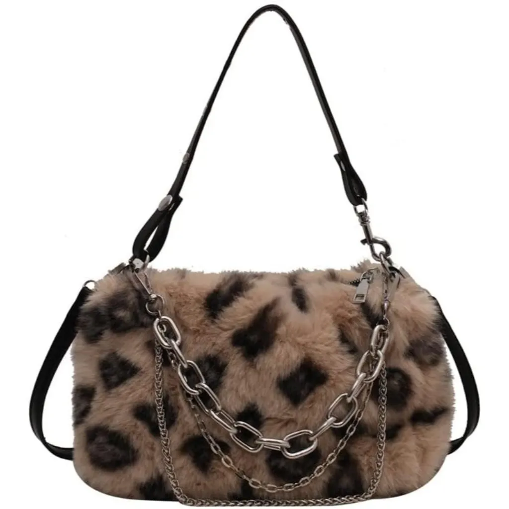 ⚡ Women's New Leopard Tan Print Plush Vintage Zip Closure Shoulder Hobo Bag - Image 3