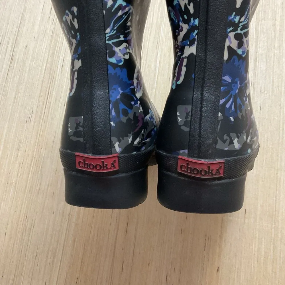 Chooka Women's Size 8 Mid Calf Rubber Rain Boots Black Floral Flaw - Image 7