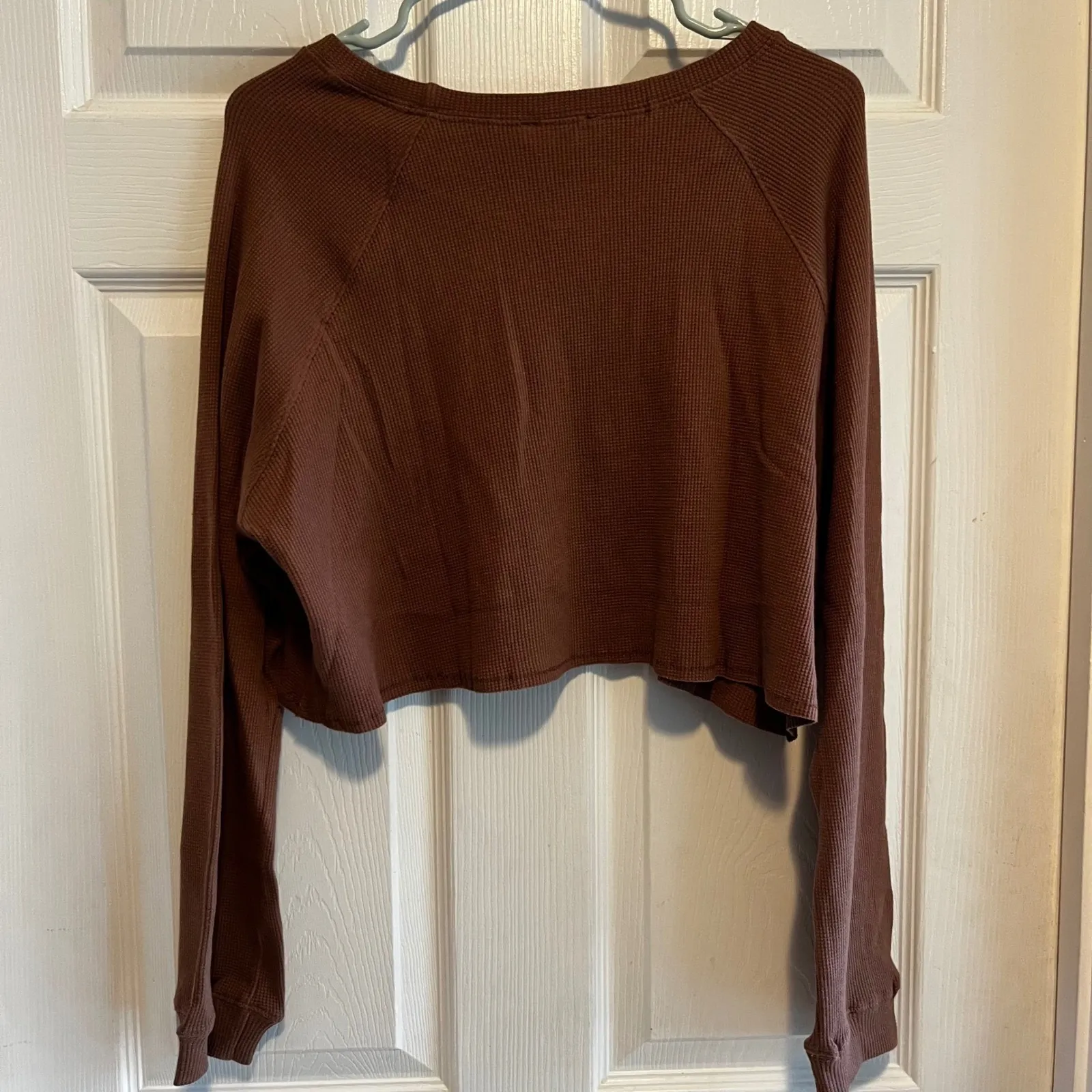 Brown Love Waffle Knit Long Sleeve Cropped Top Trendy Animal Print Cute Size L - Image 8