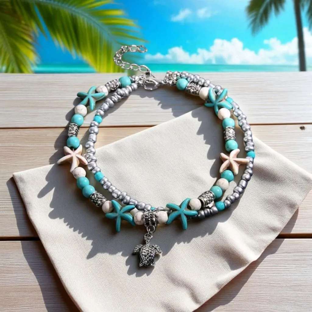 Beachy Starfish and Turtle‎ Charm Anklet Blue - Image 2