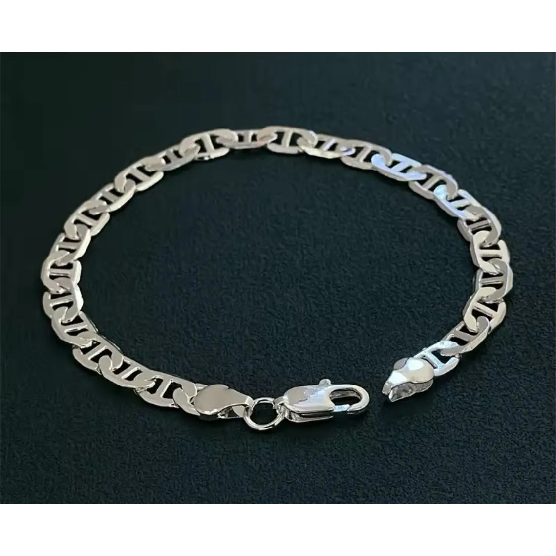 Unisex White Gold Plated 925 Sterling Silver Flat Chain Mariner Link Bracelet 8” - Image 4