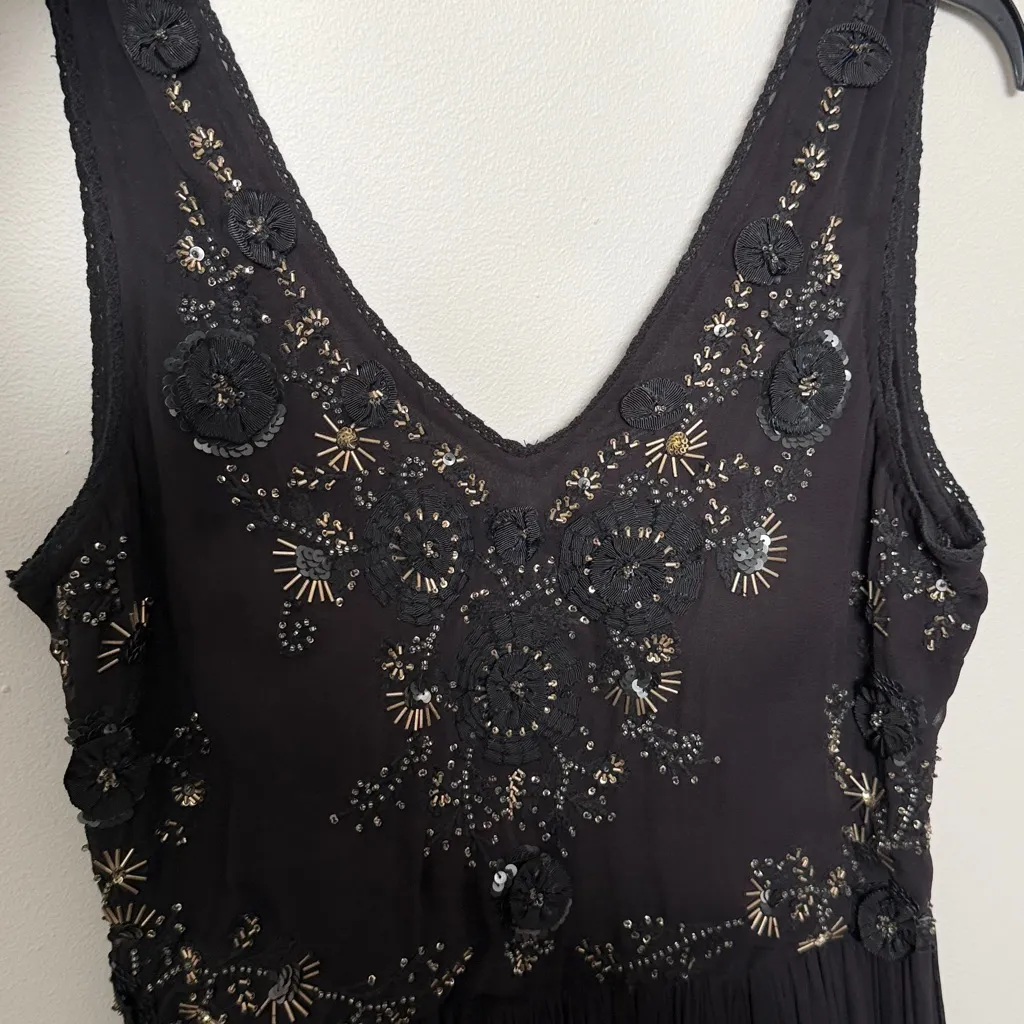 Ritu Kumar Label Dress Gown Flowers Beaded Sequin Party Event Black Silver Gold Size L - Image 16