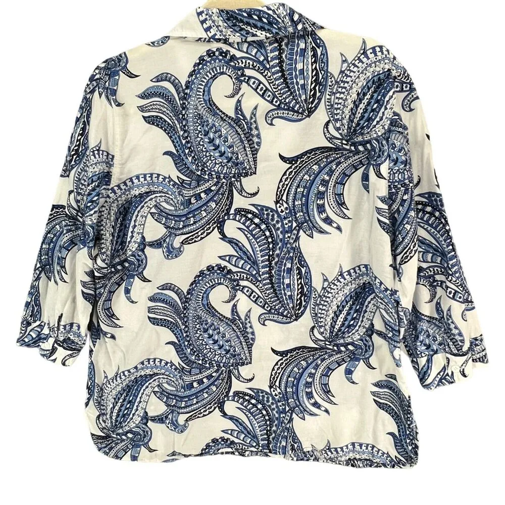 Chicos Blouse Womens US M Blue White Paisley Cotton Silk Button 3/4 Retro Boho - Image 4