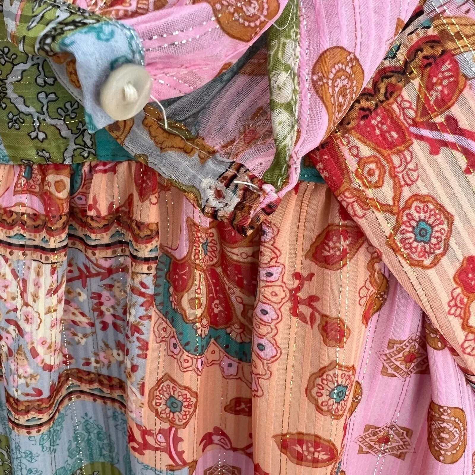 Maison d‘Amélie Pastel Flowy Peasant Top Floral Patchwork Boho Chic Hippie XS Green - Image 6