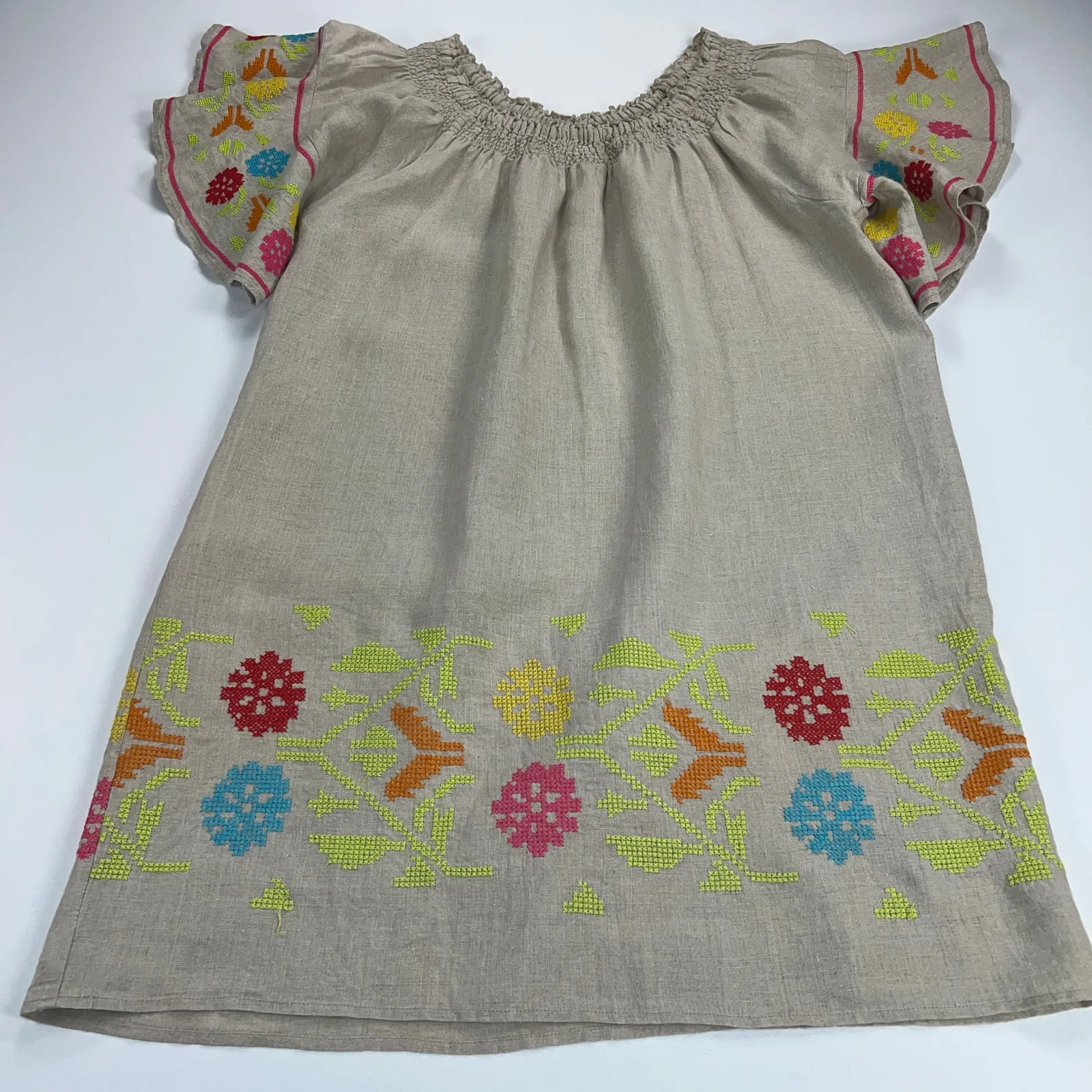 Uncle Frank Linen Cross Stitch Off Shoulder Tunic Peasant Dress Flax Size M - Image 11