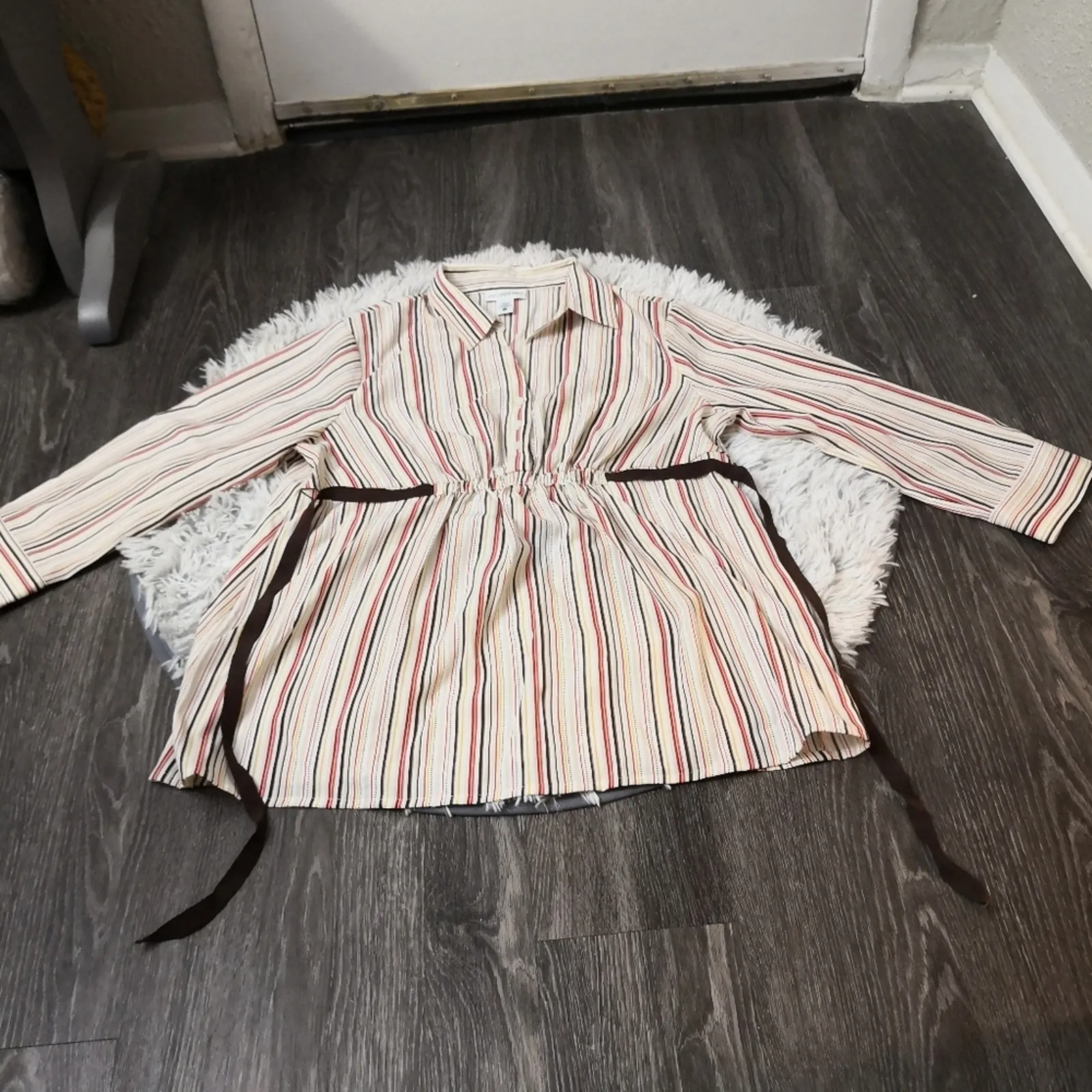 Motherhood Maternity Striped Button Up Tie Belt Elastic Waist Top L Multicolor - Image 5