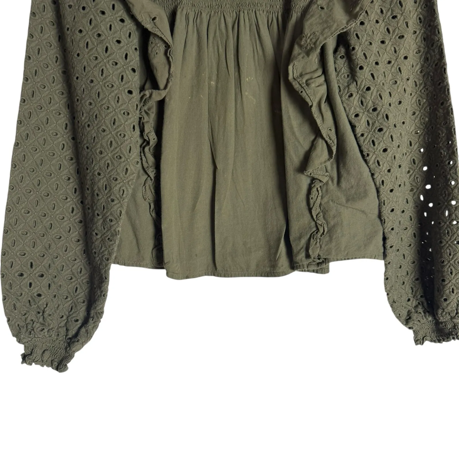 Maje Linode Olive Green Ruffled Eyelet Long Sleeve Top Size Small - Image 7