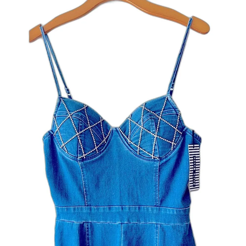 Women’s Sequin bustier denim bodycon jumpsuit skinny stretch size M. - Image 3