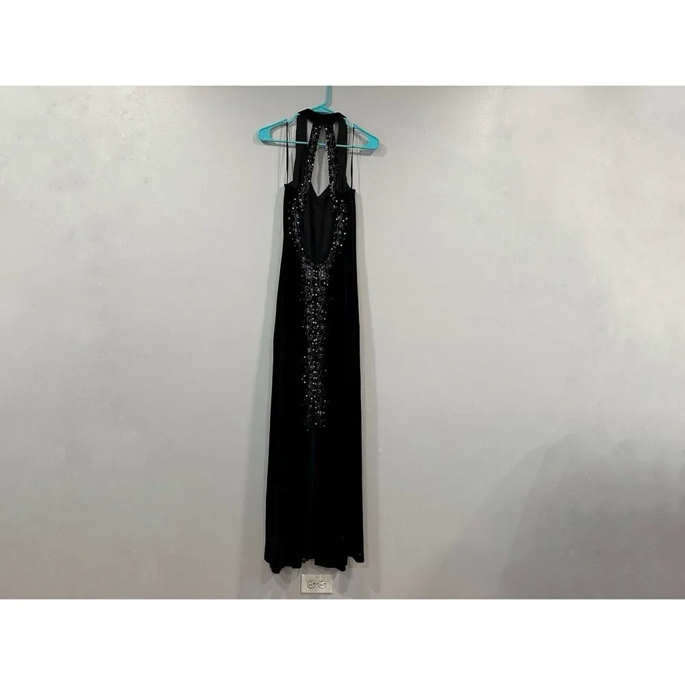Dave Johnny Black Velvet Beaded Y2K Vintage VTG Gown 11/12 Back Slit - Image 3