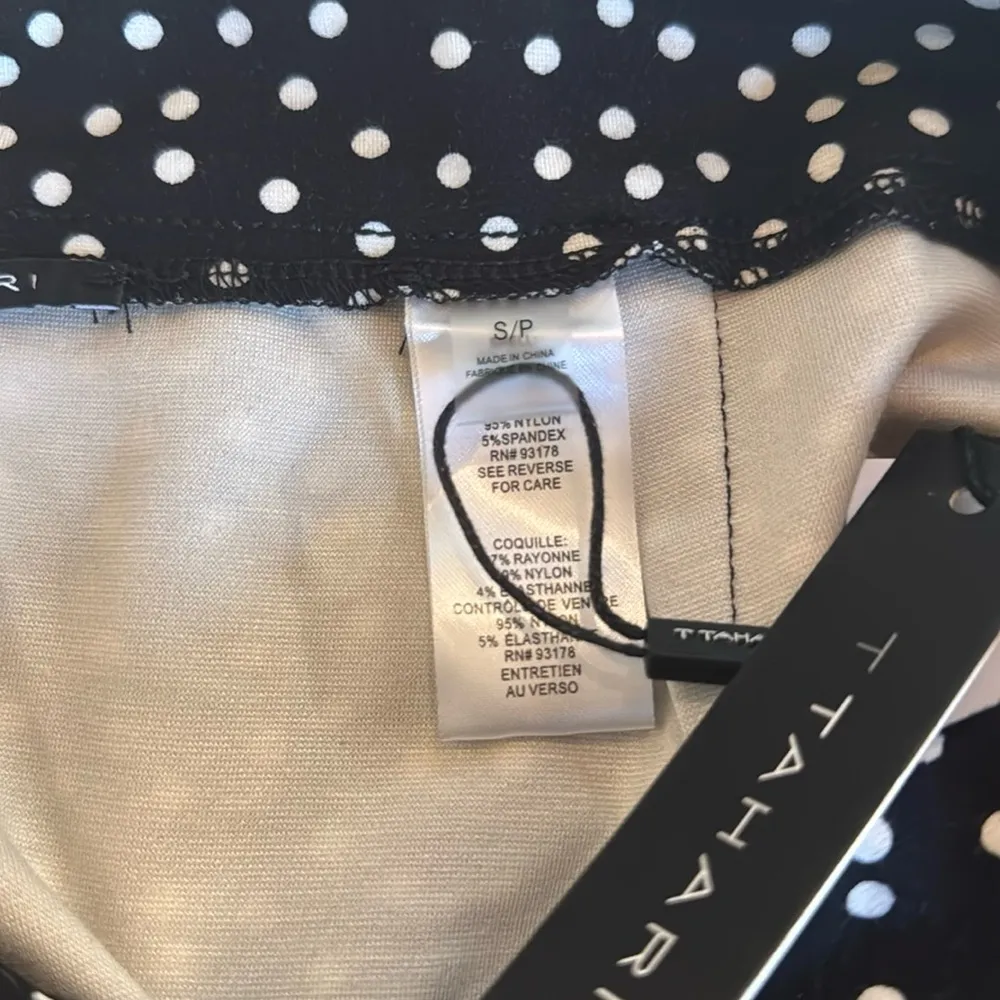 T TAHARI Midi Pencil Skirt Size S Black White Polka Dot Slit Leg Tummy Control - Image 8