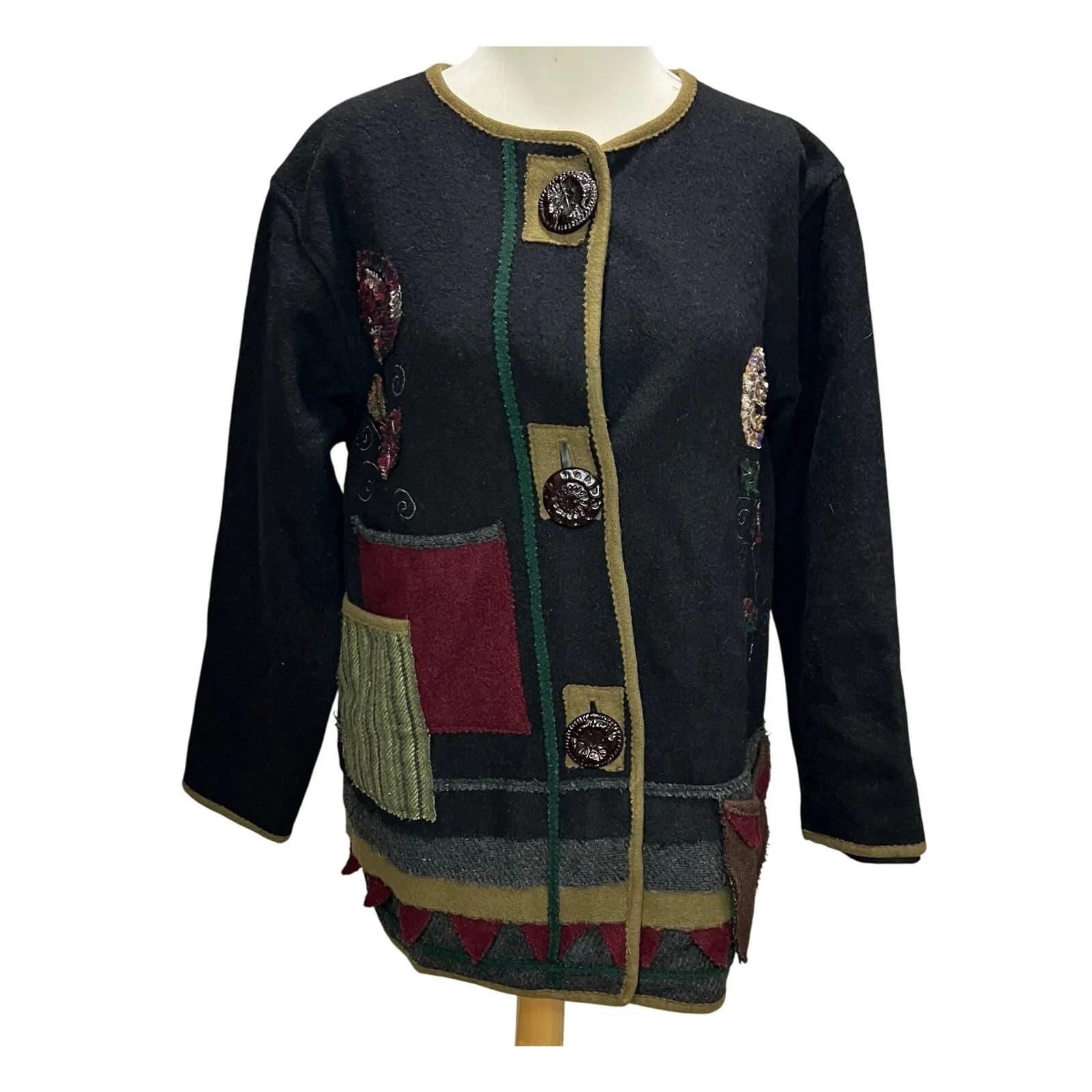 Parsley & Sage Sweater Jacket Womens S Black Multi Wool Patchwork Artful Cottage - Image 2