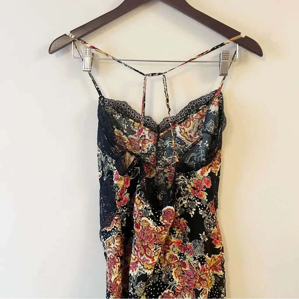 Free People Intimately Black Lace Mini Slip Dress Pink Floral Print Small - Image 6