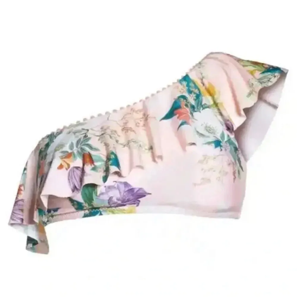 Isabella Rose Blossoms Asymmetrical Ruffle One Shoulder Floral Bikini Top M Pink - Image 3