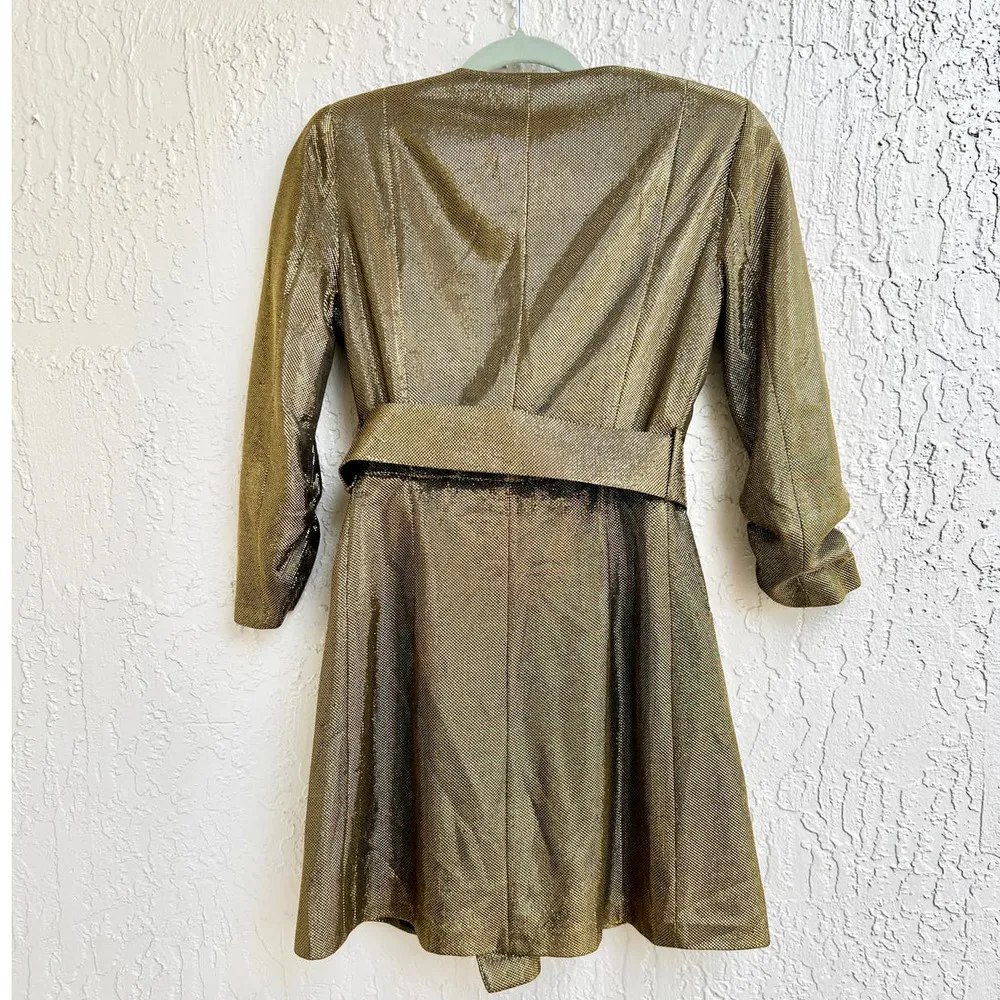 Zara 3/4 Sleeve Wrap Belt Metallic Blazer Mini Dress Gold-green Women's Small - Image 3