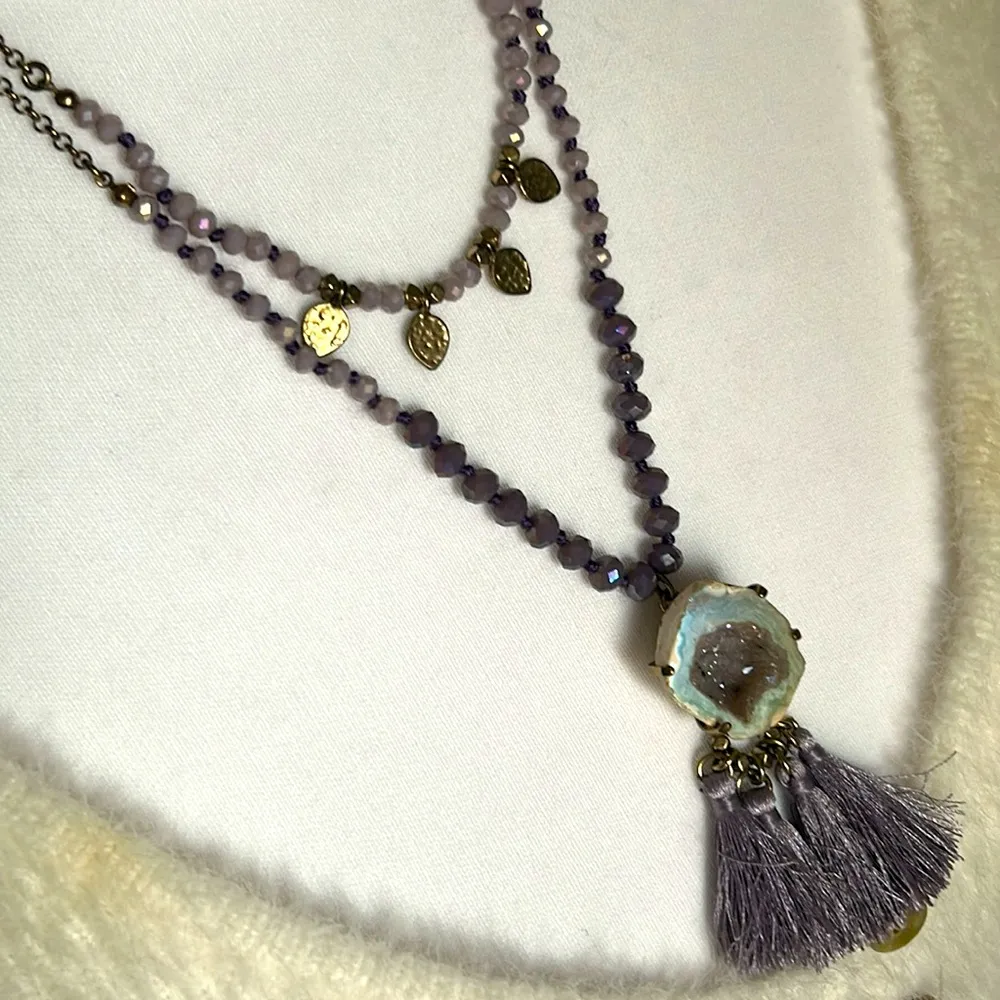 Vintage Geode Crystal, Tasso and Bead Chunky Layered Statement Necklace Purple - Image 10