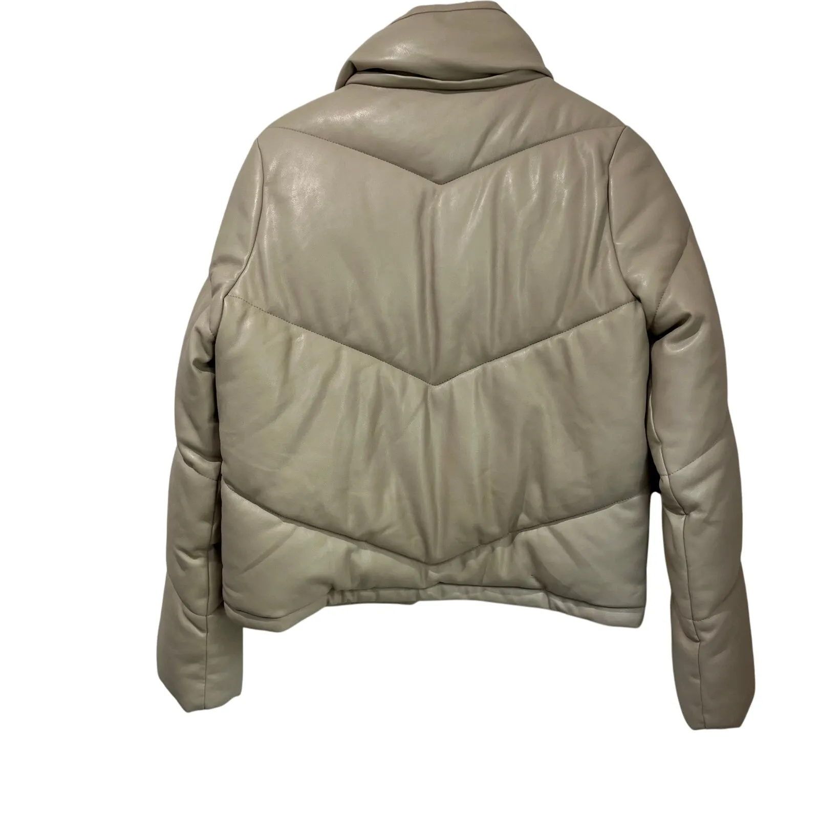 Abercrombie Vegan Leather Puffer Jacket Size M Neutral Beige Cropped Winter - Image 3