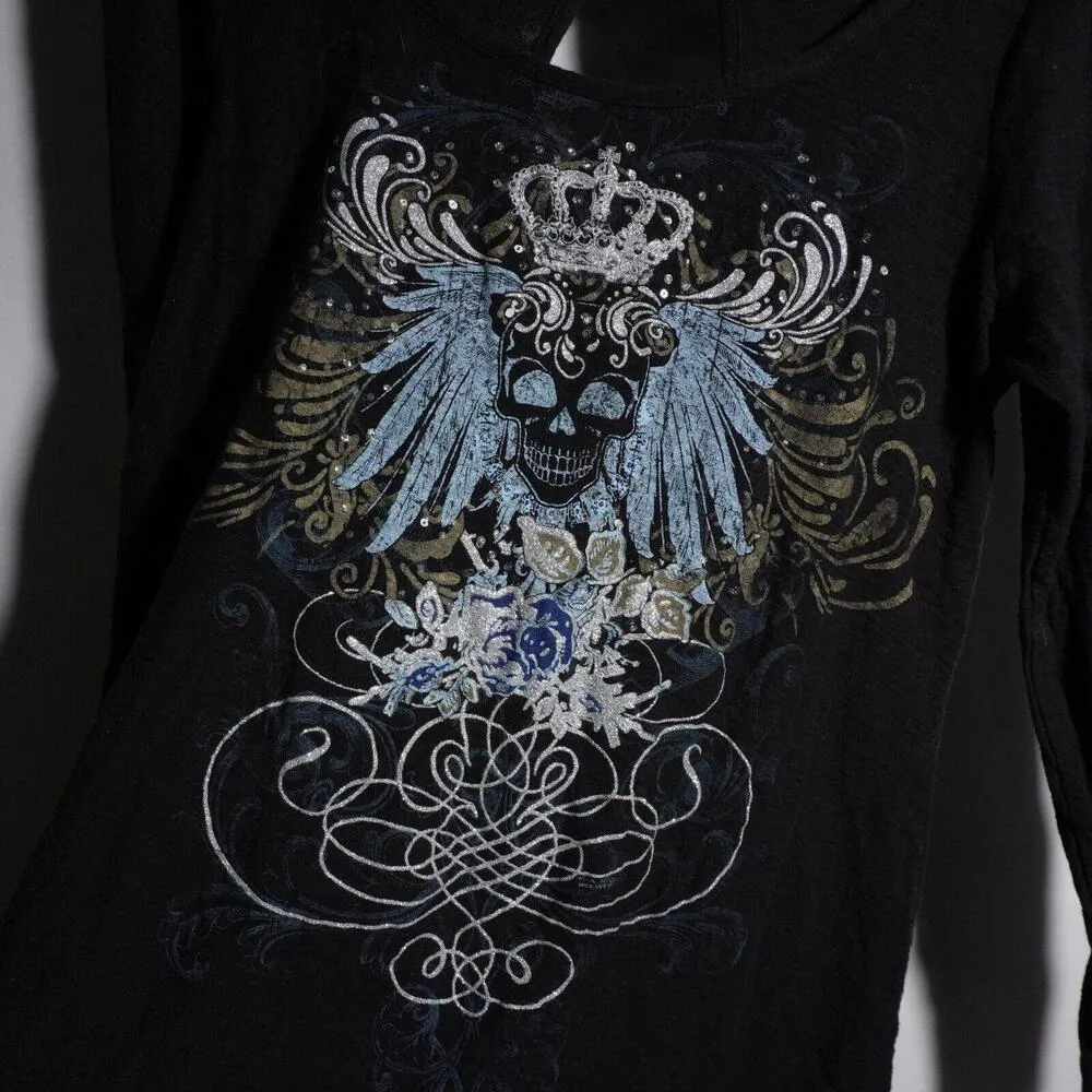 VTG Y2K FANG Skull Black Shirt 100% Cotton Long Sleeve Scoop Neck Womens 1X Goth - Image 2