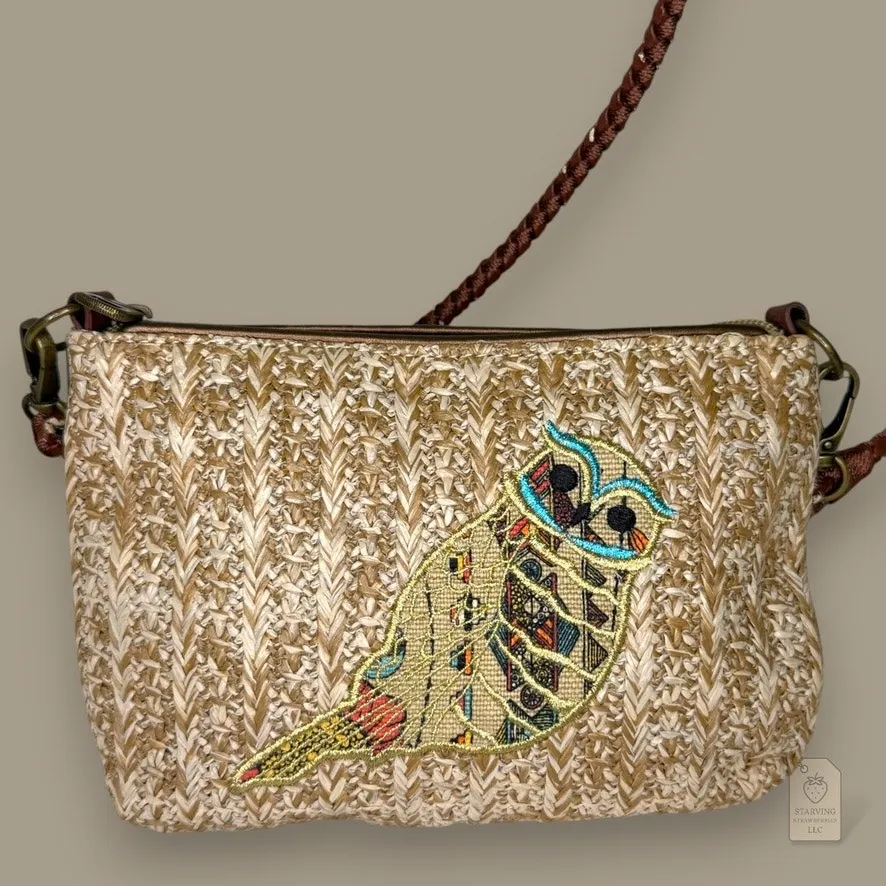 Sakroots Owl Embroidered Straw Crossbody Bag Brown Woven Boho Purse - Image 1