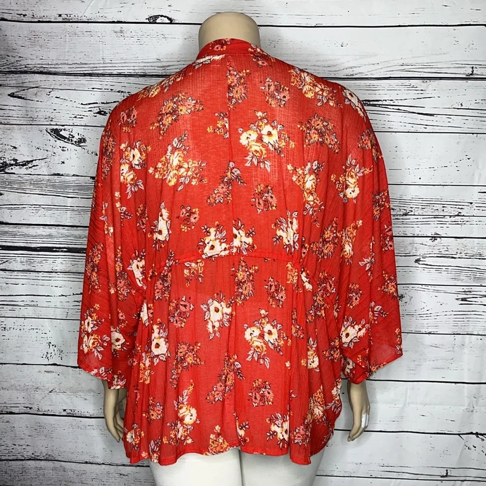 Cato Size 22/24W Red - Floral Print Tassel Tie Front Kimono Cardigan Top - Image 4