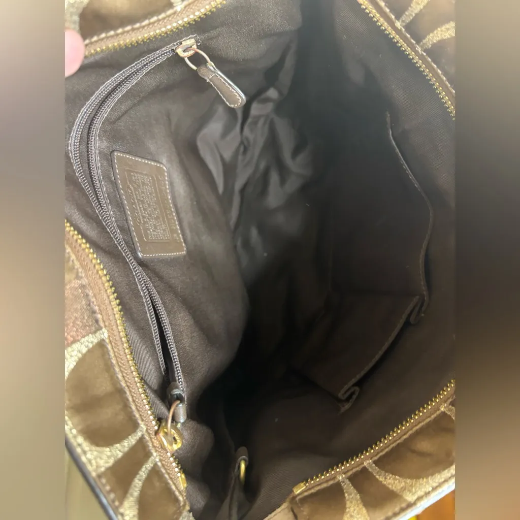 Coach Signature  Sparkle Suede/Canvas Beaded Metallic Brown Tote Bag - Image 8