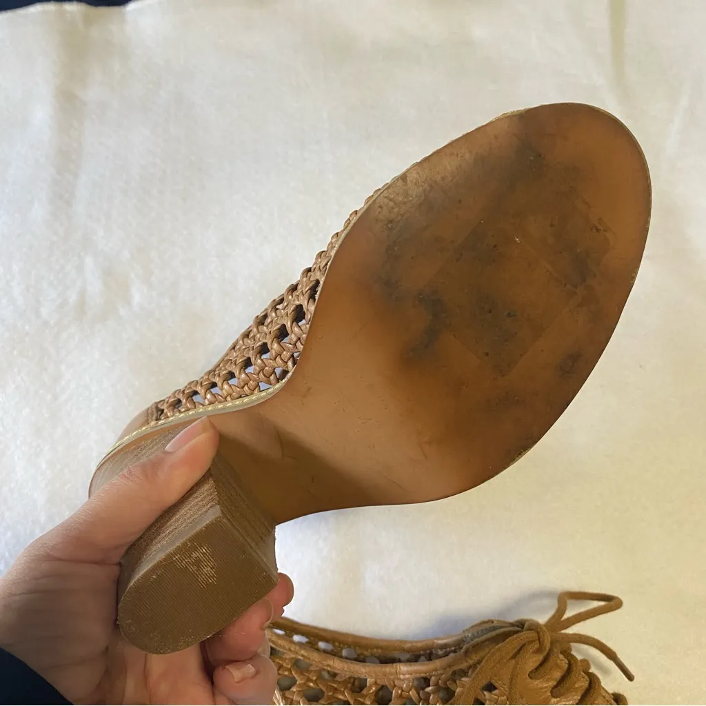 Hinge Tan Leather Rattan Lattace Woven Peep Toe Lace Up bootie stacked heels 9 - Image 9