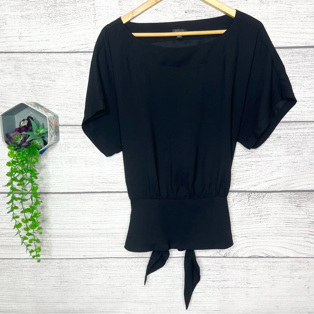 Ann Taylor Black Boatneck Dolman Sleeve Smocked Waist Tie Back Top Size Large - Image 10