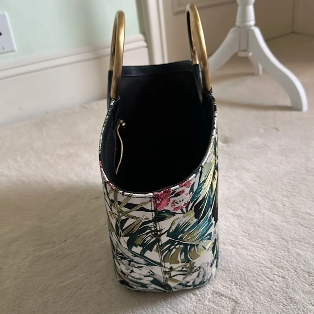 Flynn Hampton Flora Metallic Weave Floral Tote Bag Purse Metallic Ringed Handles Black - Image 11