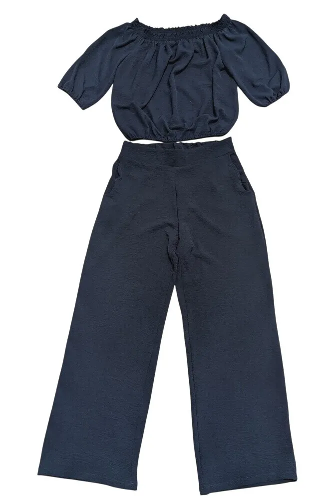 Veronica M Navy Blue Medium Off-Shoulder Top Wide Leg Pants Outfit Matching Set - Image 1