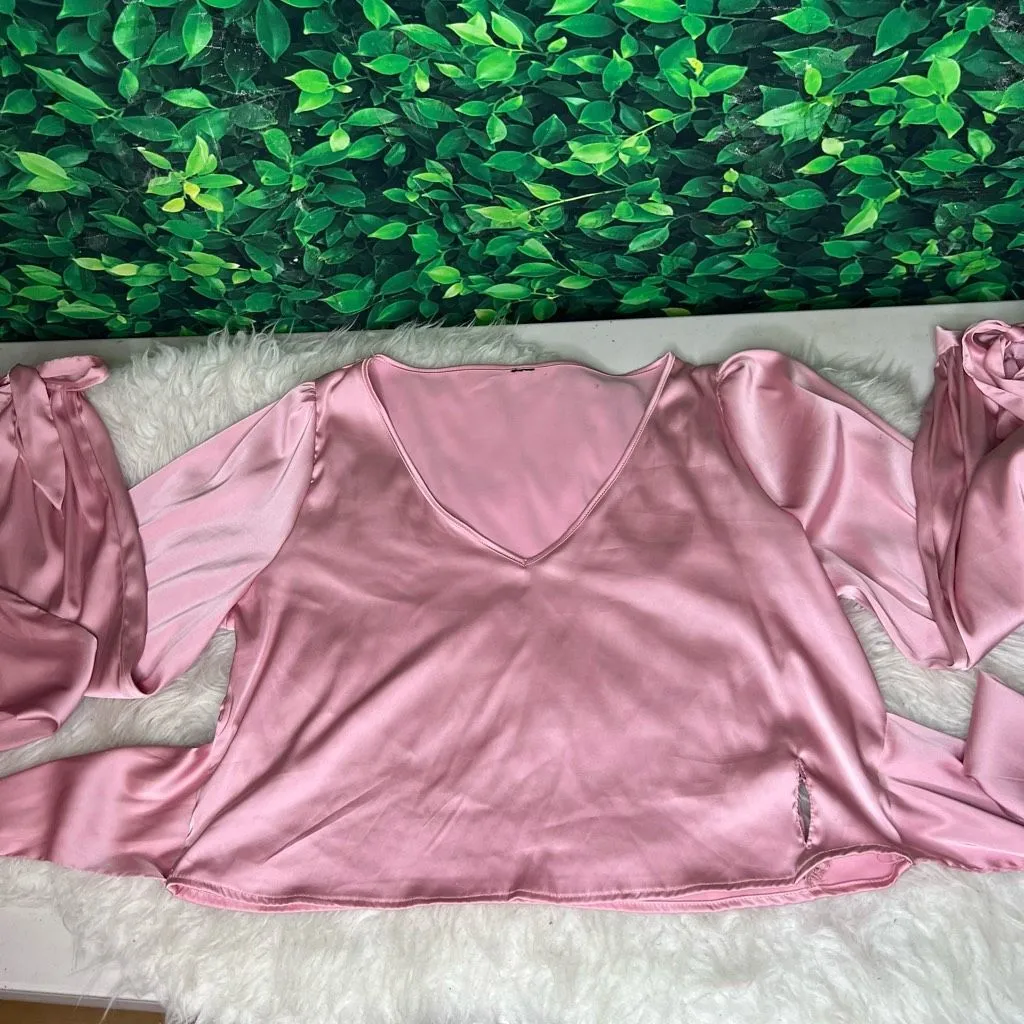Women's Elegant V Neck Self Tie Knot Long Sleeve Satin Blouse Shirt Top Pink L Size L - Image 8