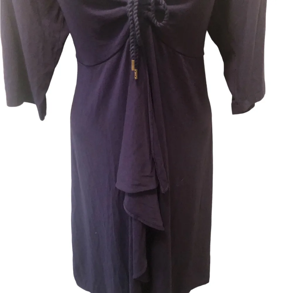 Navy Blue Midi Jersey Knit Dress Size L Tied Bust Waterfall Skirt - Image 4