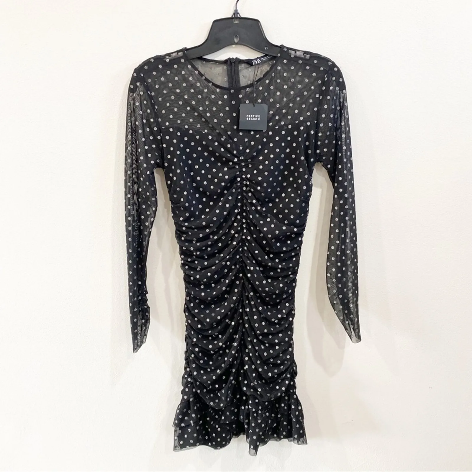 NWT Zara Swiss Dot Mesh Tulle Ruched Mini Dress Size M Sheer Party Going Out - Image 3