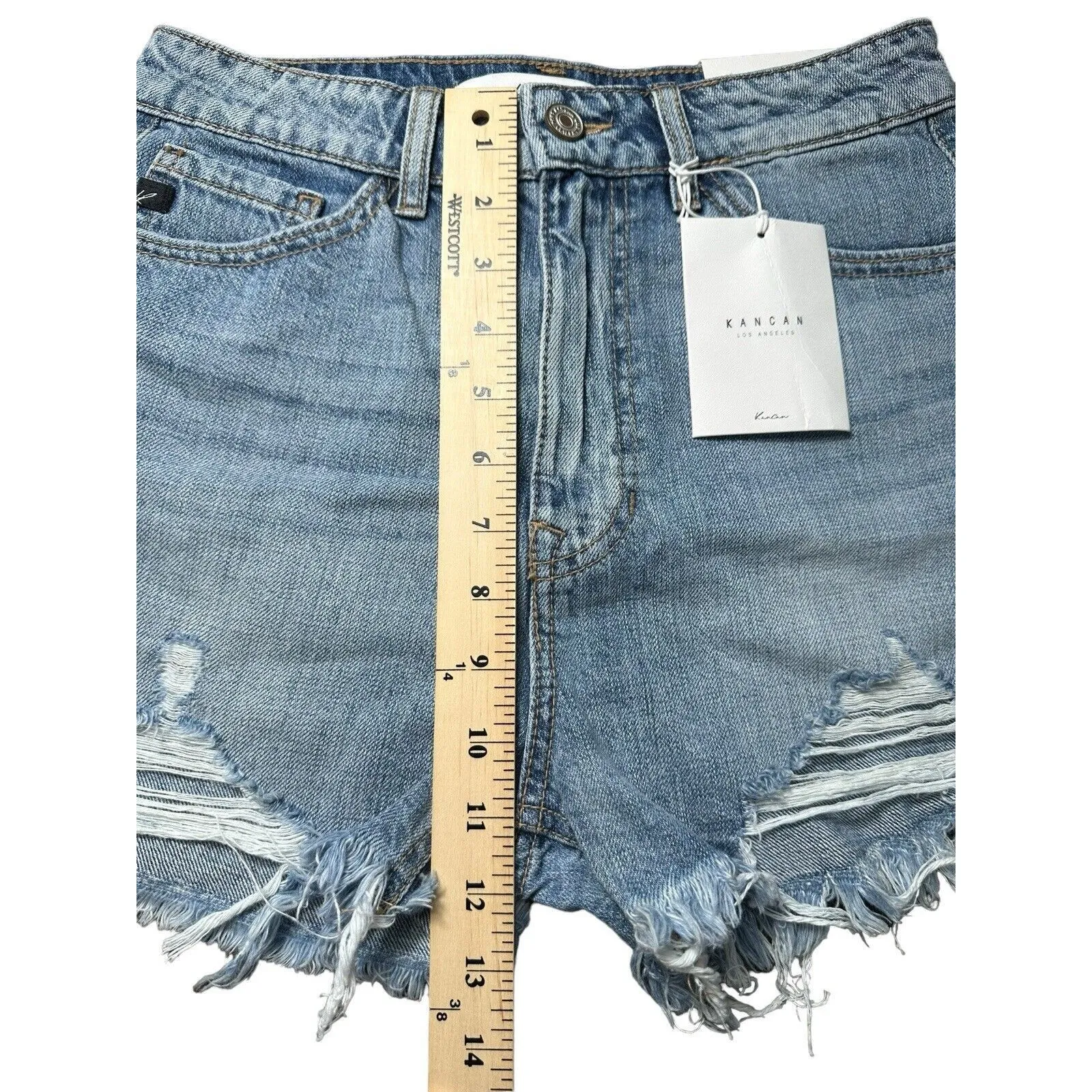 NWT KanCan Denim Shorts Size XS Relaxed Fit‎ Raw Hem Light Wash Stretch #I4 - Image 6