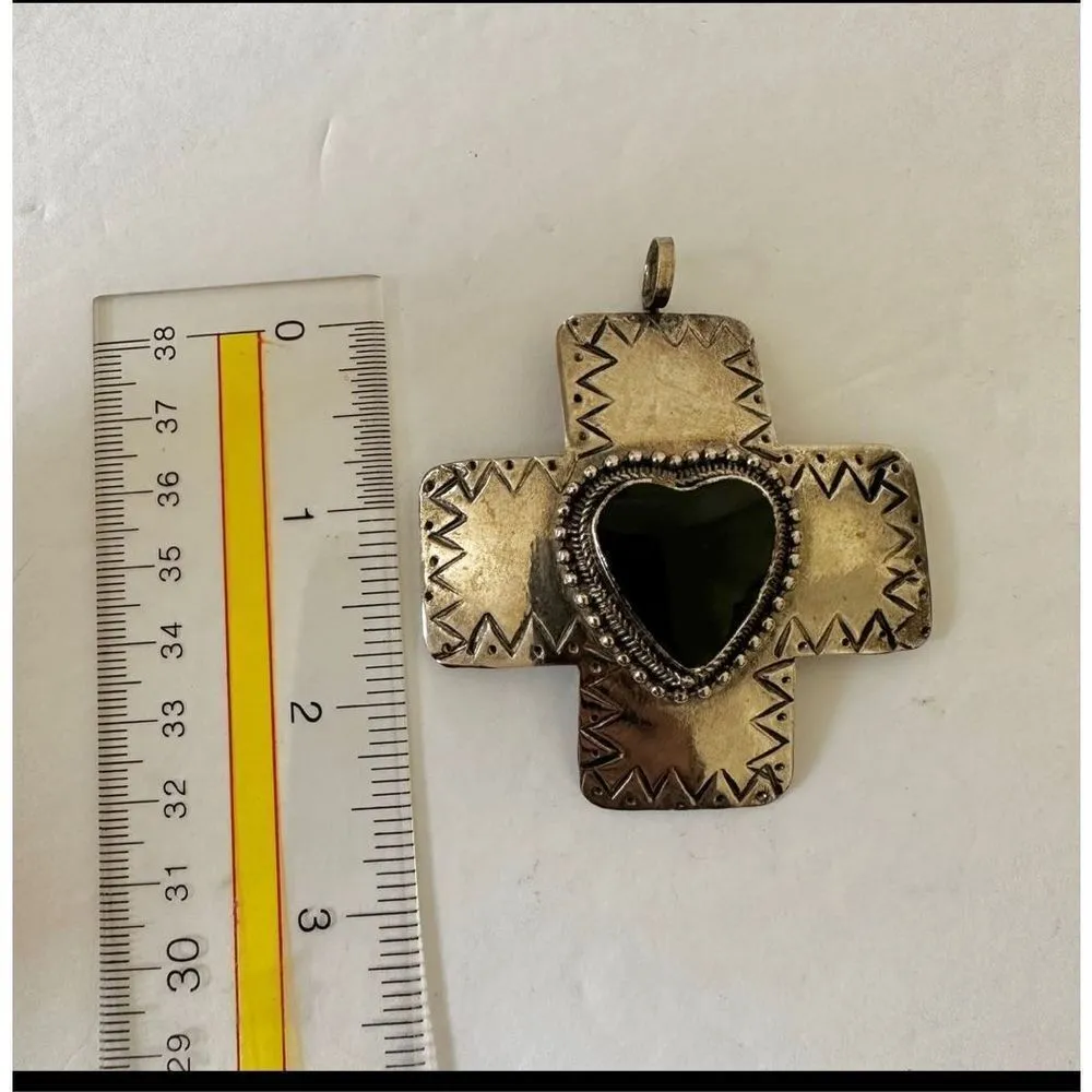 Lotus Silver tone and black heart cross pendant necklace - Image 4