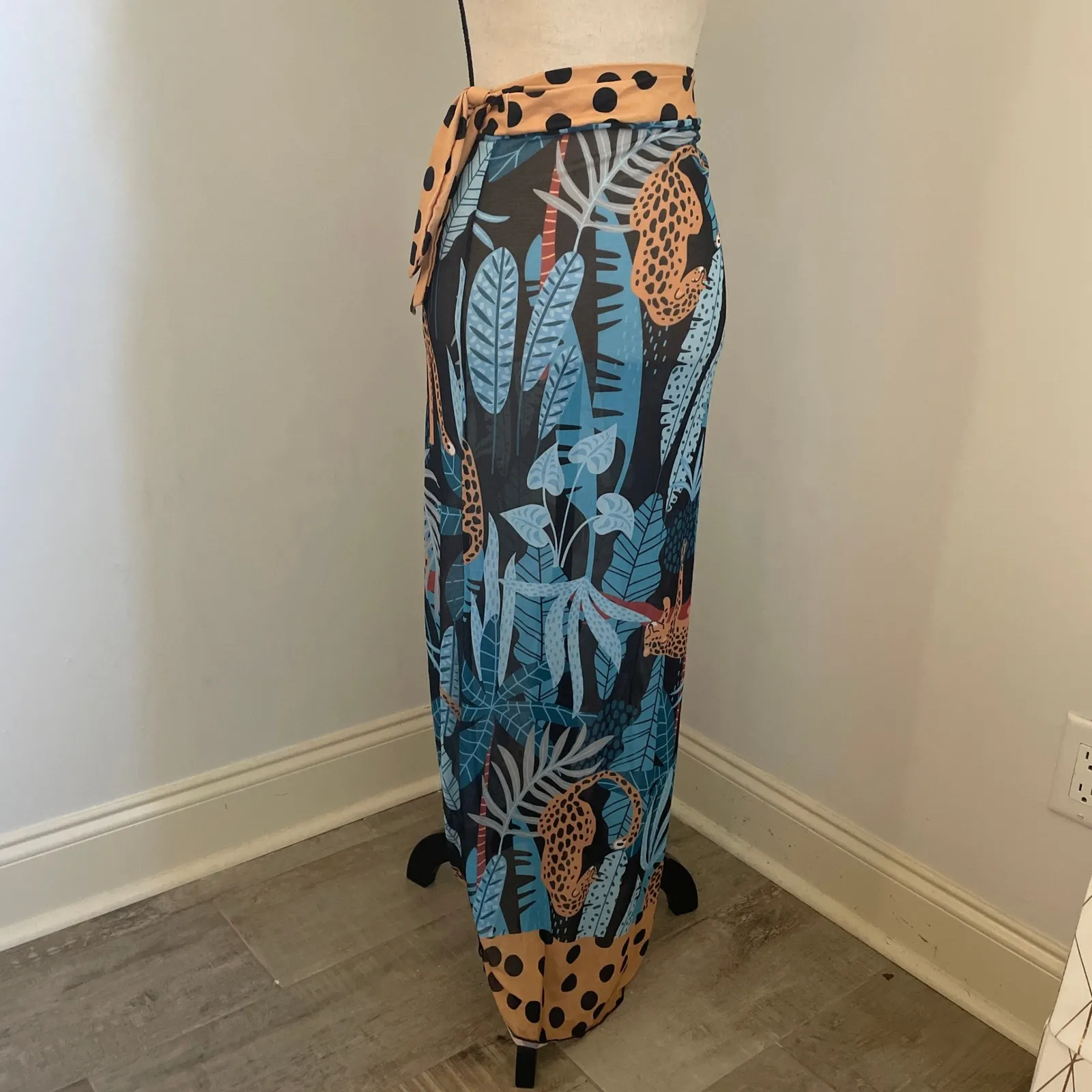 Sheer Leopard Tropical Print Cover Up Wrap Skirt Beach Boho Vacation Mesh Resort Blue Size undefined - Image 3
