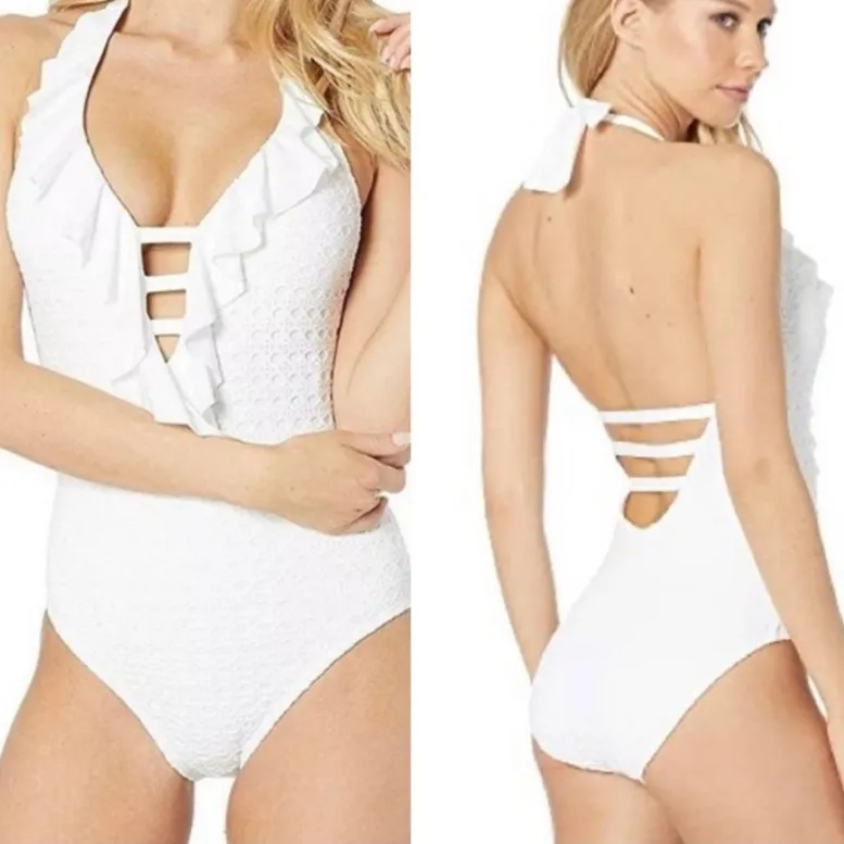 NWT Lilly Pulitzer Nevis Halter One Piece Swimsuit 12 White Crochet Ruffle Swim - Image 2