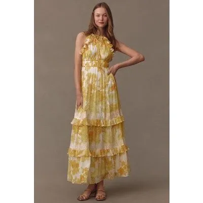 BHLDN Ava Floral Yellow Organza Halter Ruffle Midi Tier Lace Party Size Small - Image 2