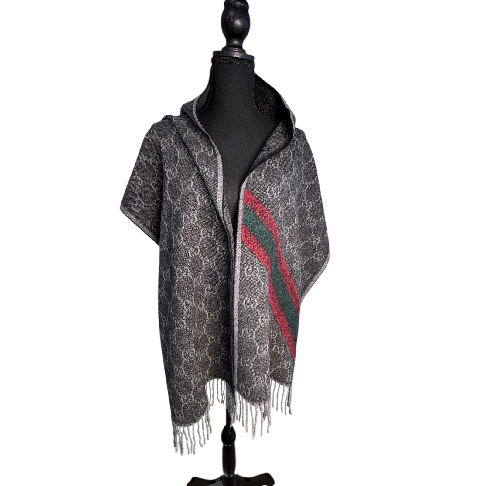 Gucci NWT Nikky Wool GG Monogram Web Stripe Scarf in Grey - Image 11